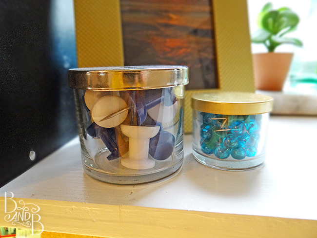 recycled candle jars for storage at BandBBuildALife.com