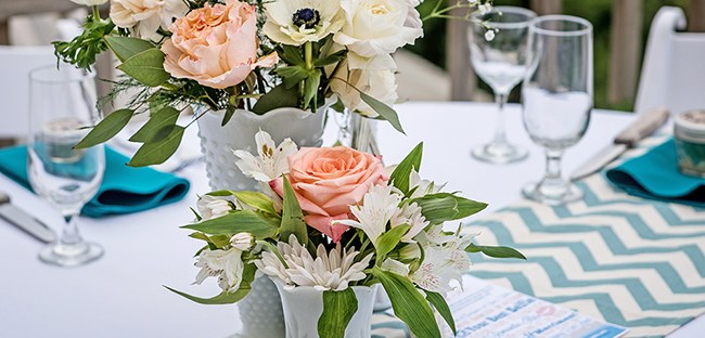Beth and Bill's Casual milk glass wedding flowers